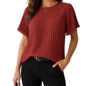 Express Womens Pleated Short Sleeve Blouse Sienna Rust Brown Size Small Office